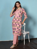 Women Cotton Pink Printed Kurta With Comfort Pant.