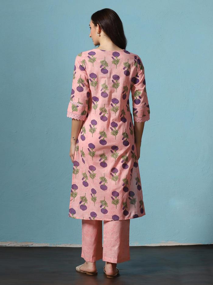 Women Cotton Pink Printed Kurta With Comfort Pant.
