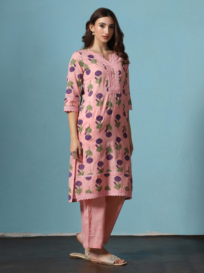 Women Cotton Pink Printed Kurta With Comfort Pant.