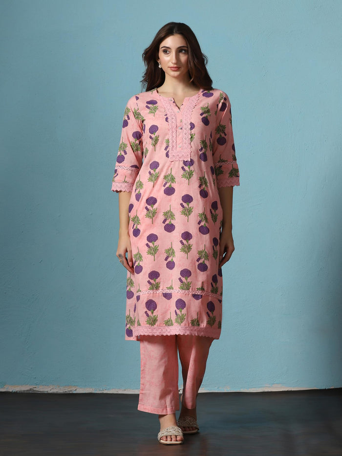 Women Cotton Pink Printed Kurta With Comfort Pant.