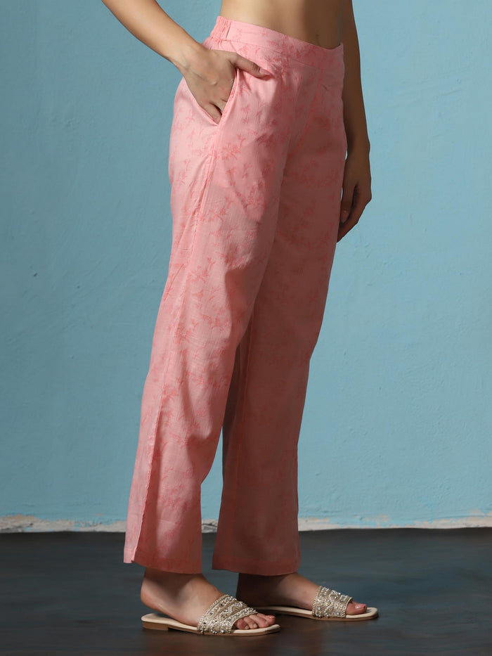 Women Cotton Pink Printed Kurta With Comfort Pant.
