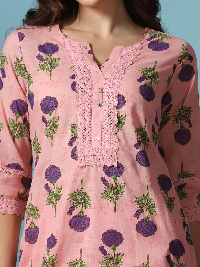 Women Cotton Pink Printed Kurta With Comfort Pant.