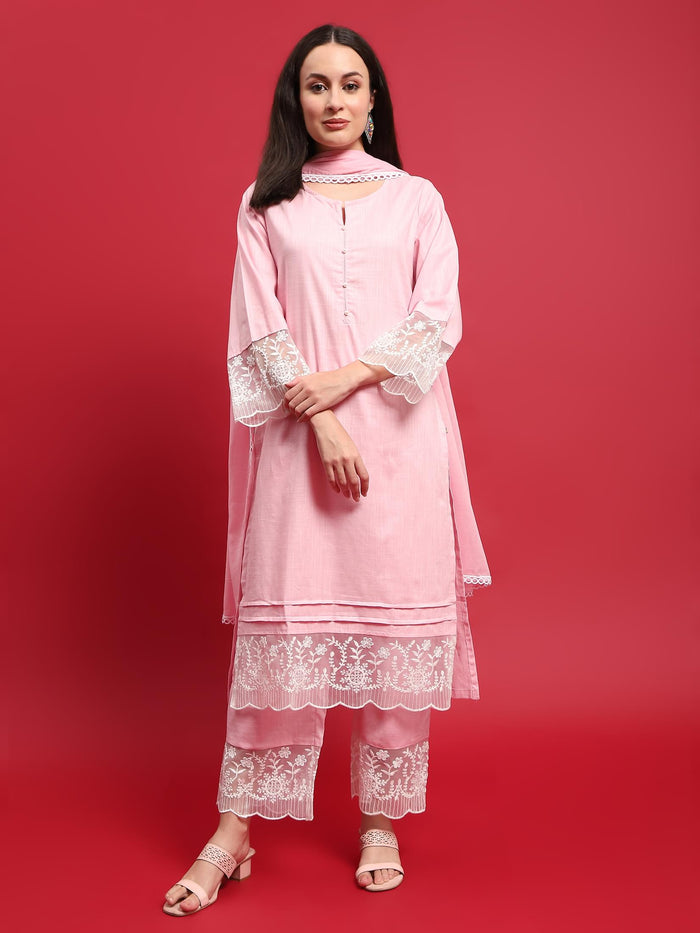 Women Cotton Pink Solid Kurta Comfort Pant Dupatta.