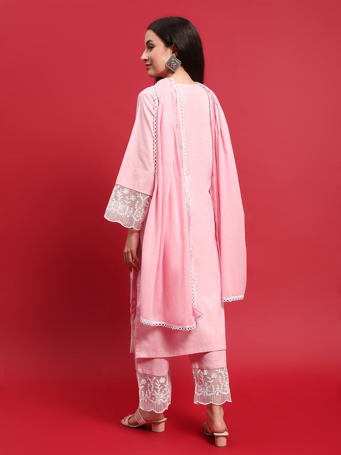 Women Cotton Pink Solid Kurta Comfort Pant Dupatta.