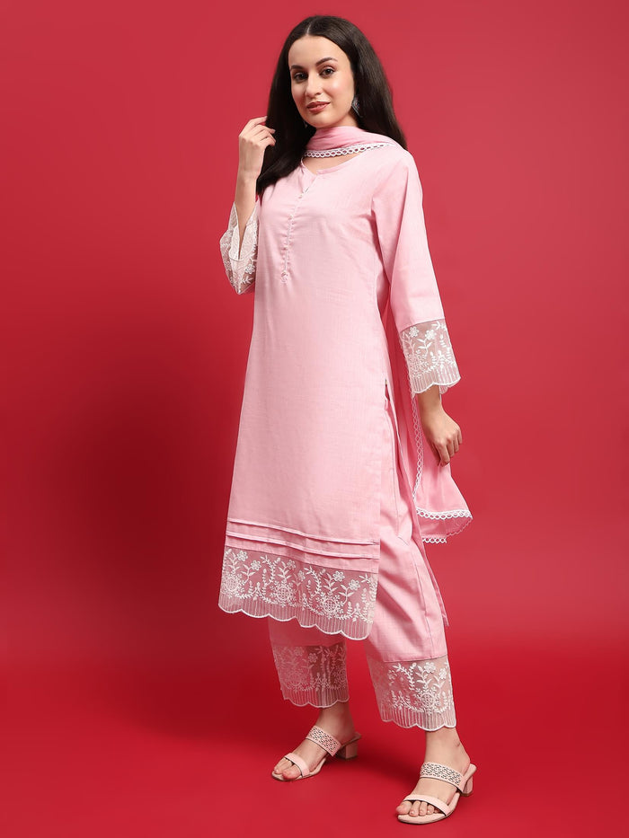 Women Cotton Pink Solid Kurta Comfort Pant Dupatta.