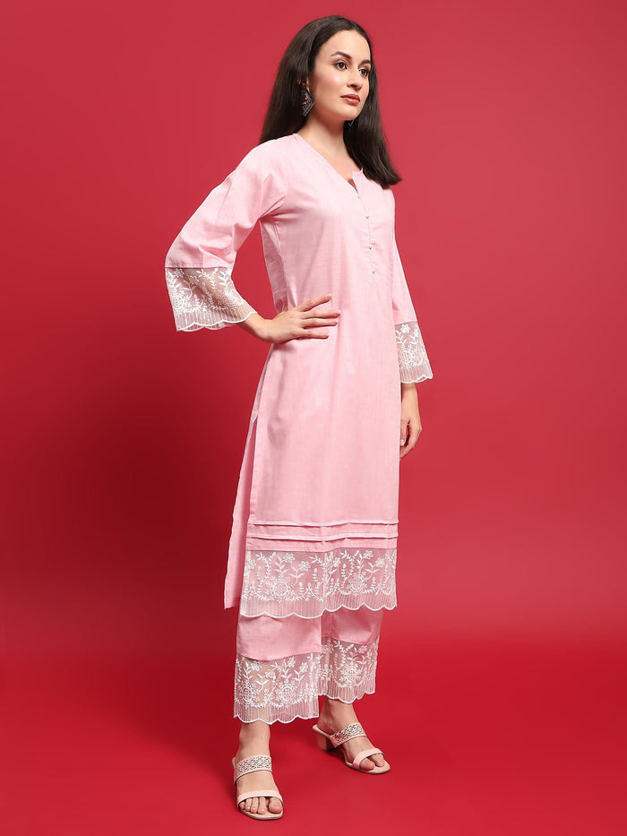 Women Cotton Pink Solid Kurta Comfort Pant Dupatta.