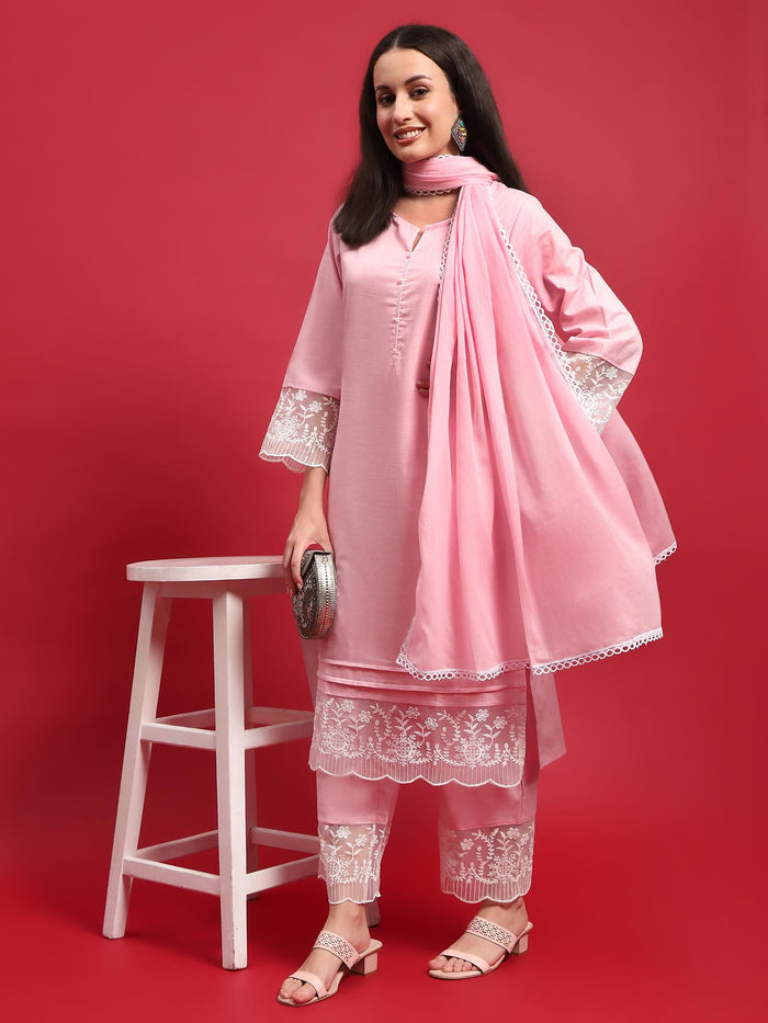 Women Cotton Pink Solid Kurta Comfort Pant Dupatta.