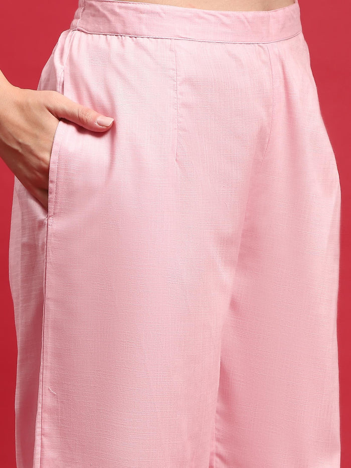 Women Cotton Pink Solid Kurta Comfort Pant Dupatta.