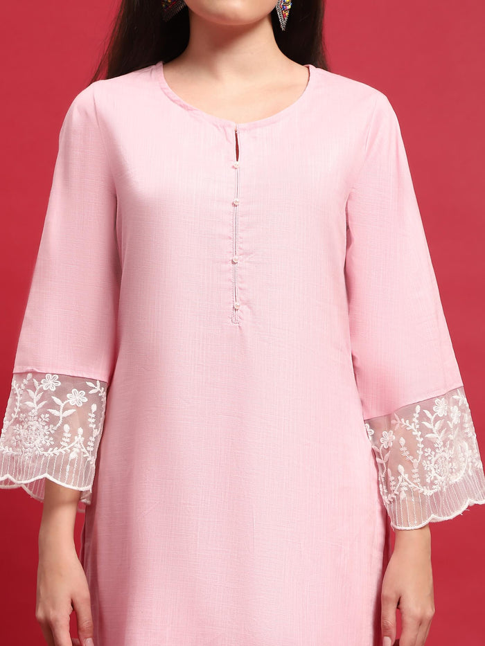 Women Cotton Pink Solid Kurta Comfort Pant Dupatta.