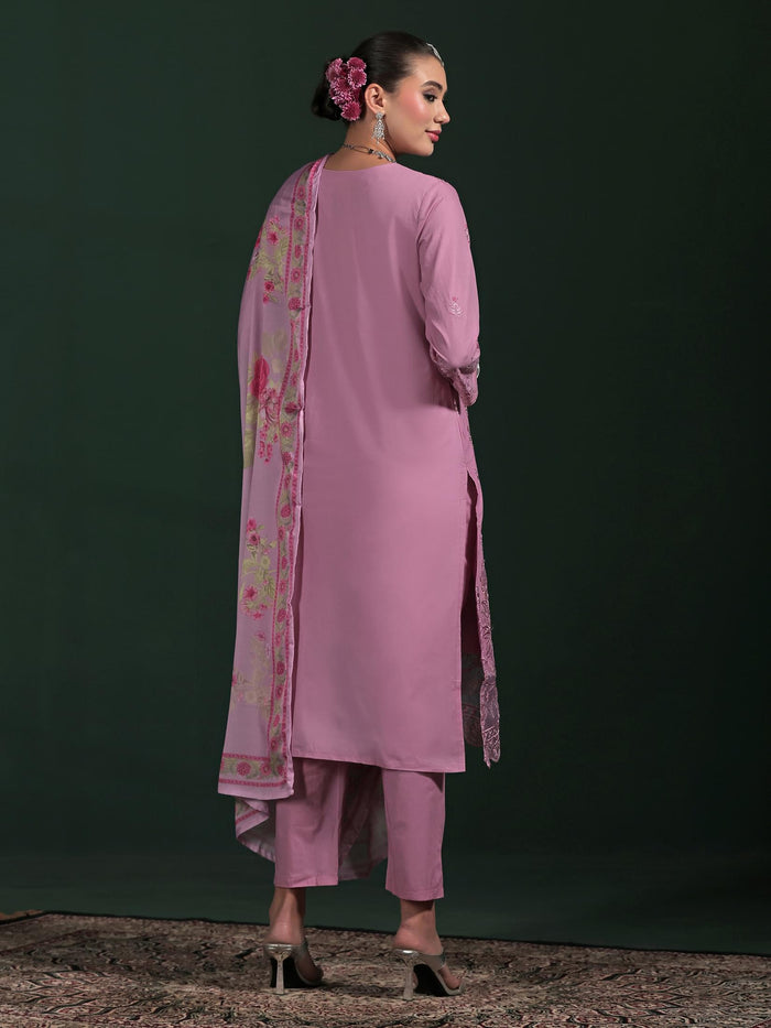 Women Cotton Purple Embroidered Kurta Comfort Pant Dupatta.