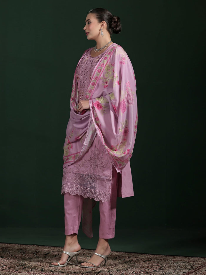 Women Cotton Purple Embroidered Kurta Comfort Pant Dupatta.