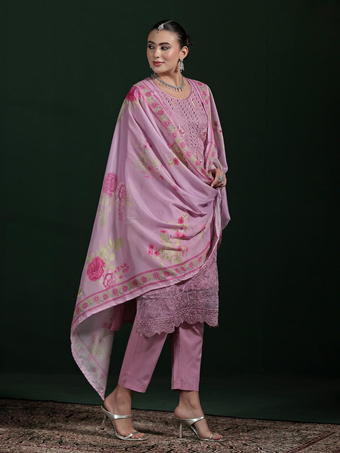 Women Cotton Purple Embroidered Kurta Comfort Pant Dupatta.