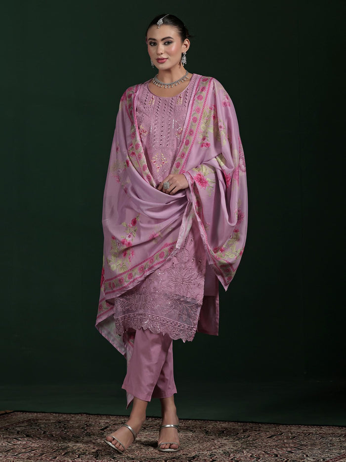 Women Cotton Purple Embroidered Kurta Comfort Pant Dupatta.