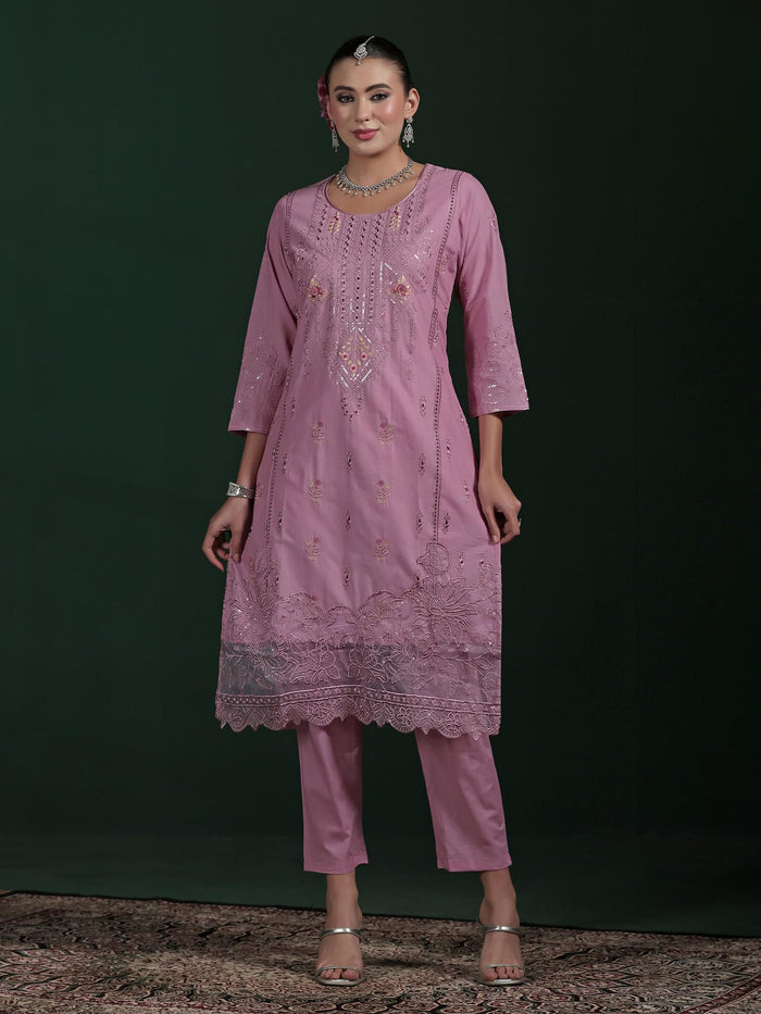 Women Cotton Purple Embroidered Kurta Comfort Pant Dupatta.
