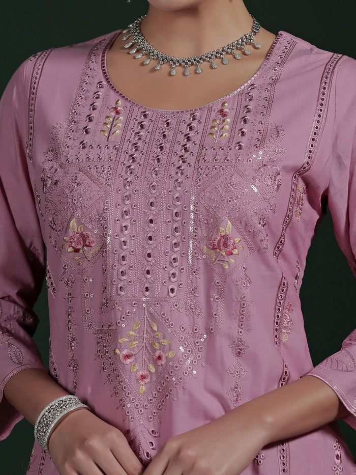 Women Cotton Purple Embroidered Kurta Comfort Pant Dupatta.
