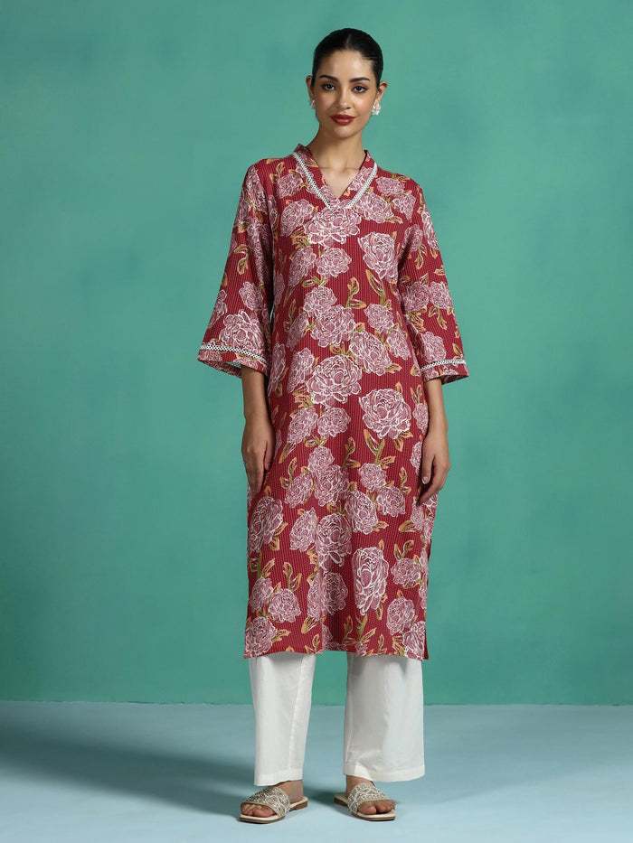 Women Cotton Red Floral Print Kurta.