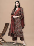 Women Cotton Rust Geometric Print Kurta Comfort Pant Dupatta.