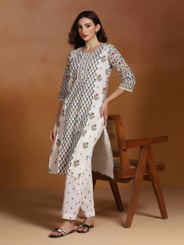 Women Cotton Slub Off White Printed Kurta With Comfort Pant.