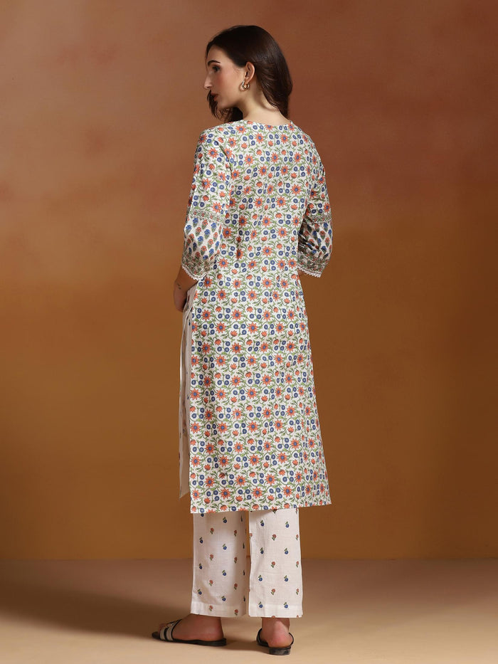 Women Cotton Slub Off White Printed Kurta With Comfort Pant.