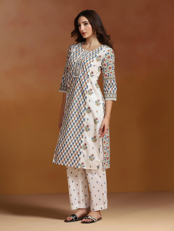Women Cotton Slub Off White Printed Kurta With Comfort Pant.