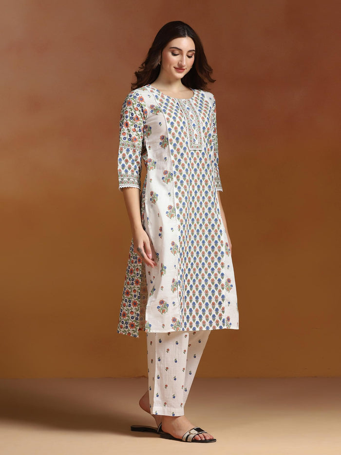 Women Cotton Slub Off White Printed Kurta With Comfort Pant.