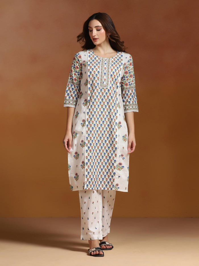 Women Cotton Slub Off White Printed Kurta With Comfort Pant.