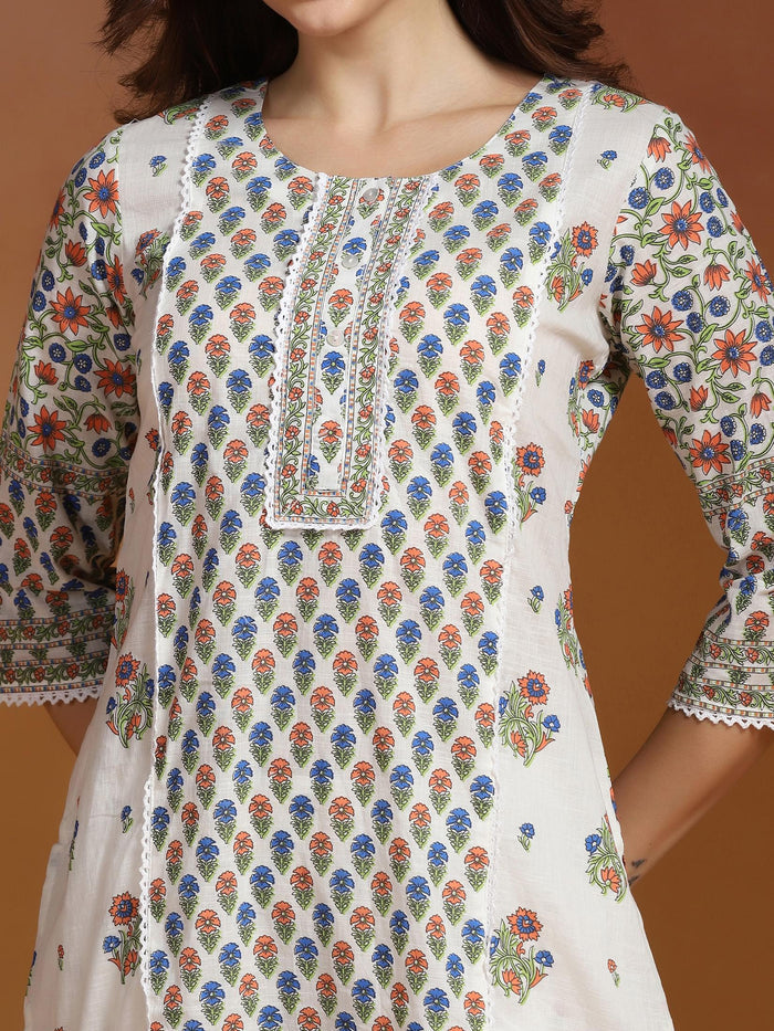 Women Cotton Slub Off White Printed Kurta With Comfort Pant.