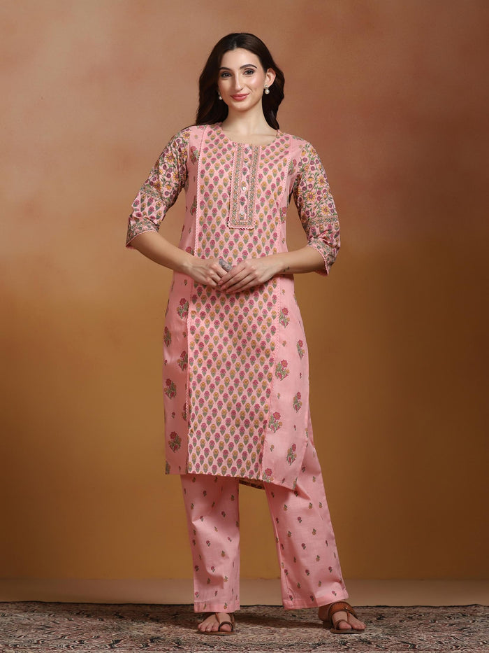 Women Cotton Slub Pink Printed Kurta With Comfort Pant.