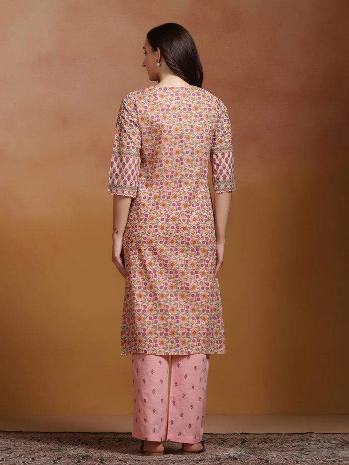 Women Cotton Slub Pink Printed Kurta With Comfort Pant.