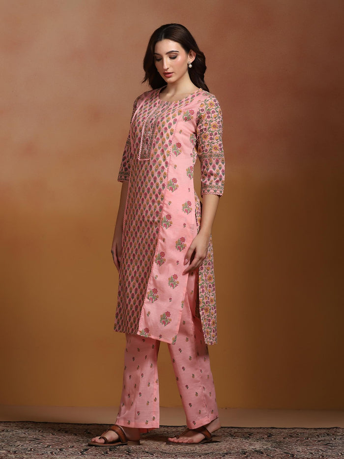 Women Cotton Slub Pink Printed Kurta With Comfort Pant.