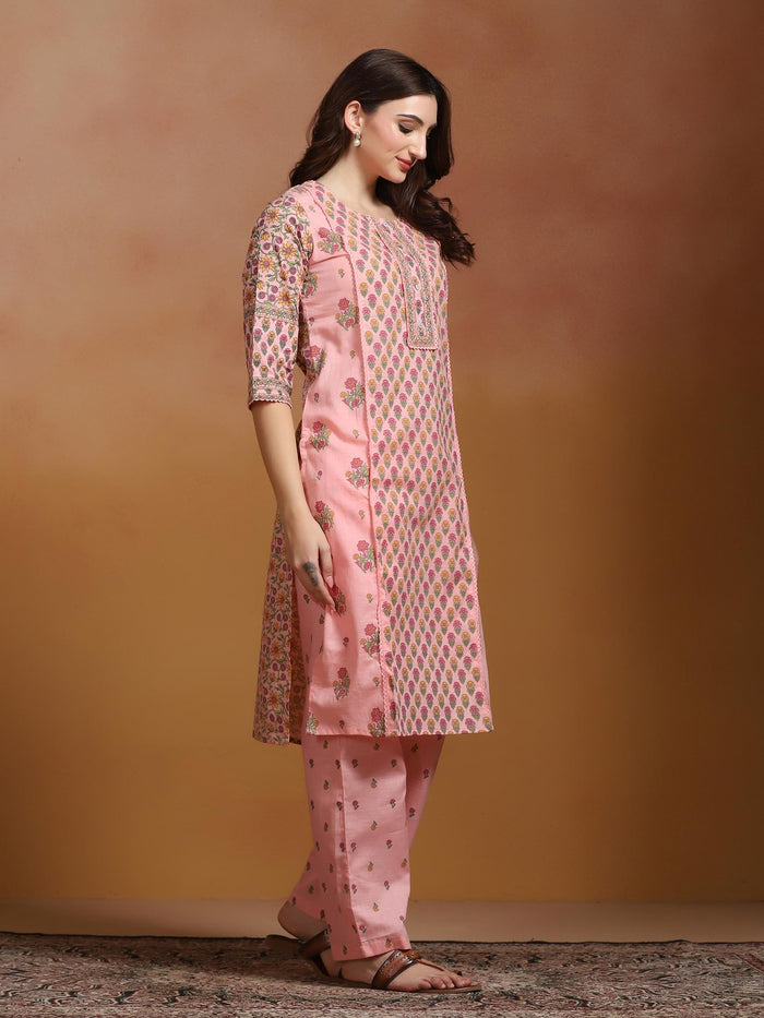 Women Cotton Slub Pink Printed Kurta With Comfort Pant.