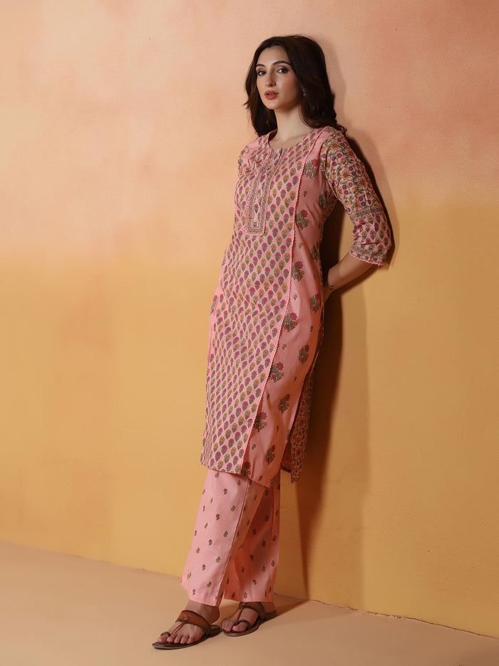 Women Cotton Slub Pink Printed Kurta With Comfort Pant.