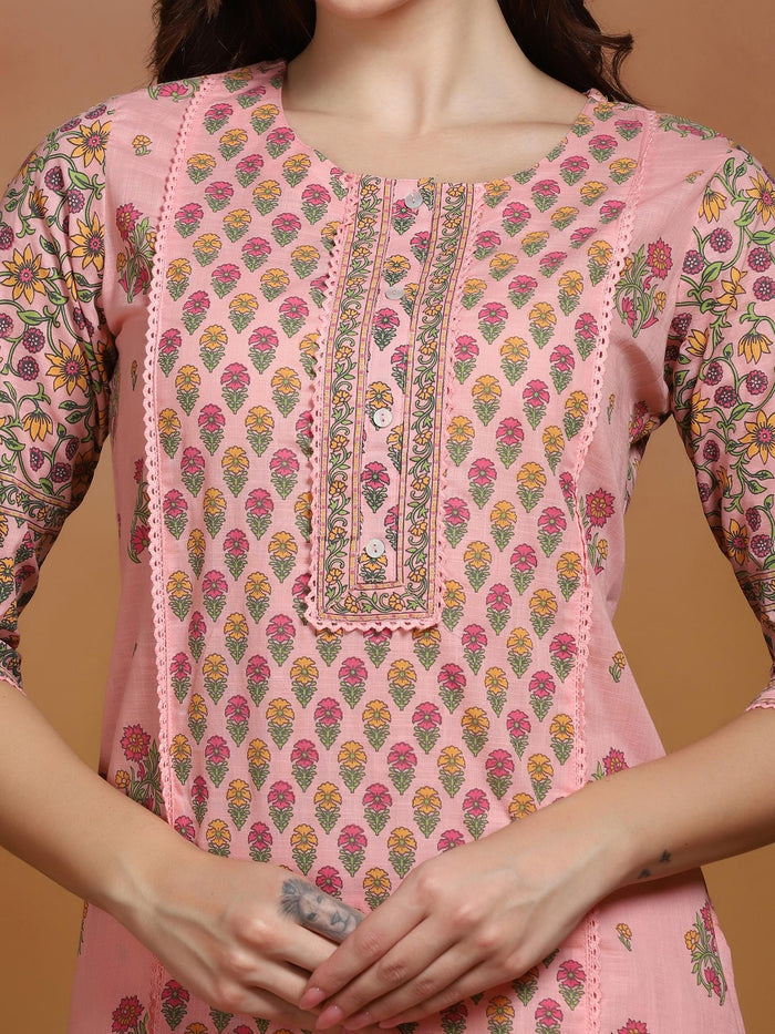 Women Cotton Slub Pink Printed Kurta With Comfort Pant.
