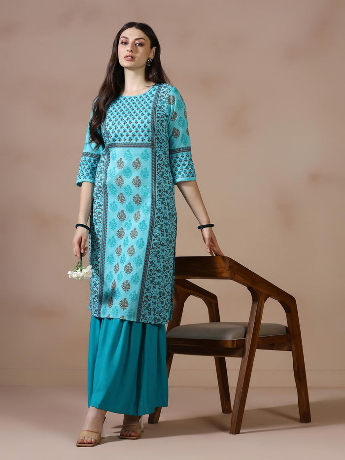 Women Cotton Slub Teal Printed Kurta.