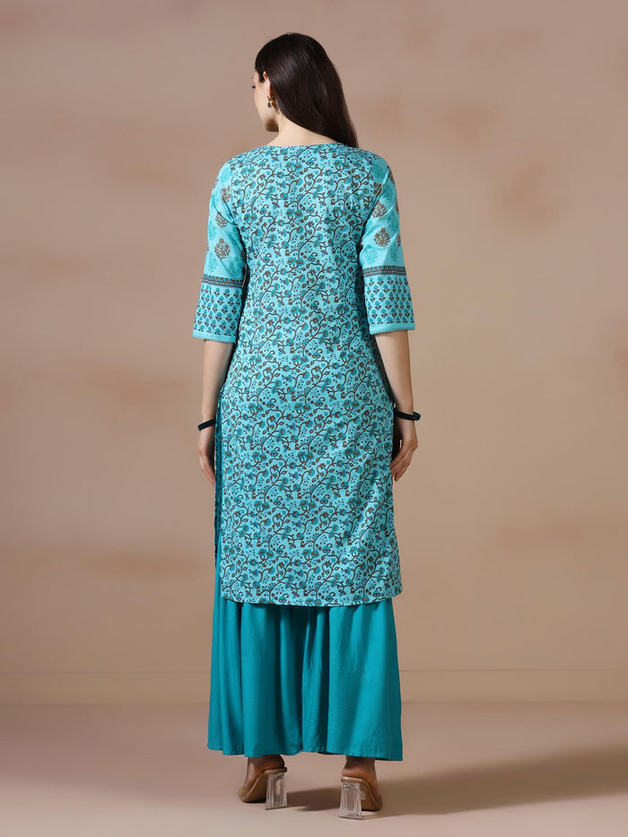 Women Cotton Slub Teal Printed Kurta.