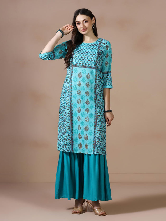 Women Cotton Slub Teal Printed Kurta.