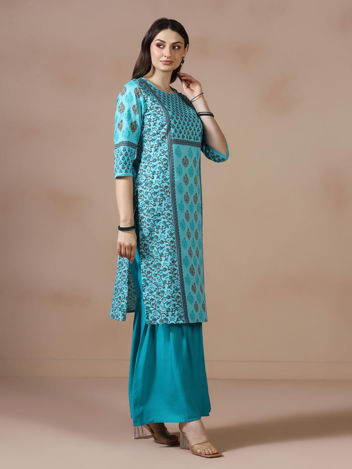 Women Cotton Slub Teal Printed Kurta.