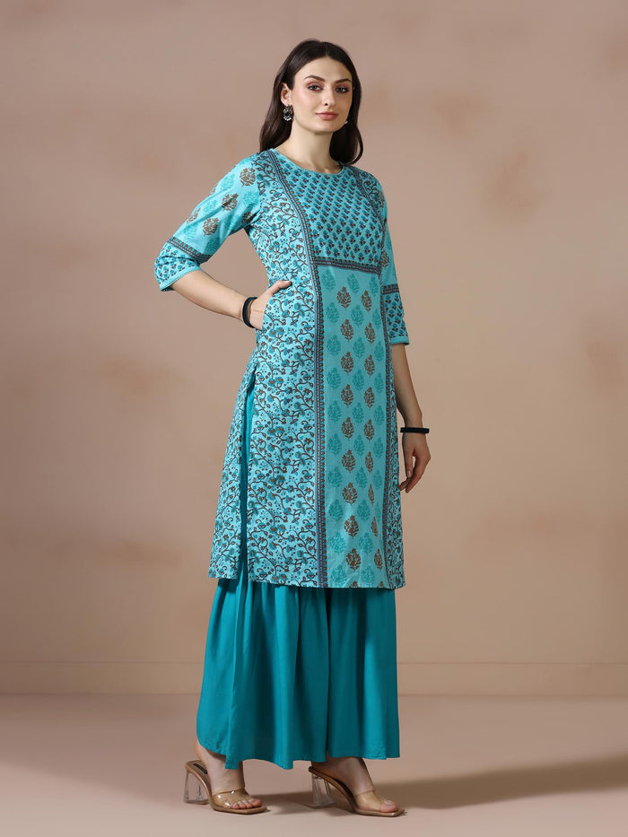 Women Cotton Slub Teal Printed Kurta.