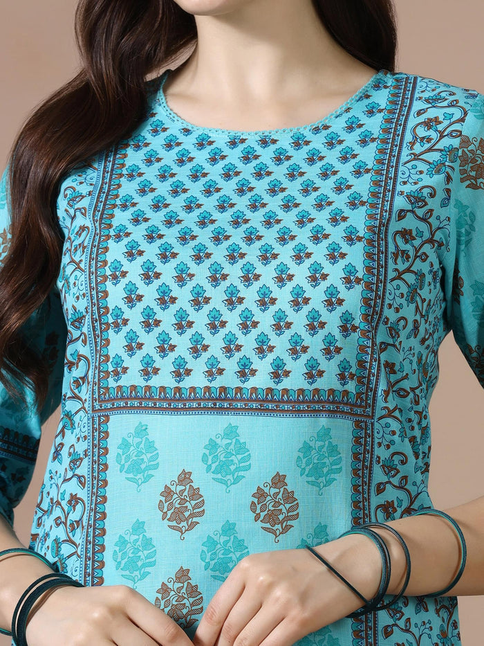 Women Cotton Slub Teal Printed Kurta.
