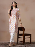 Women Cotton Slub White Pink Printed Kurta.