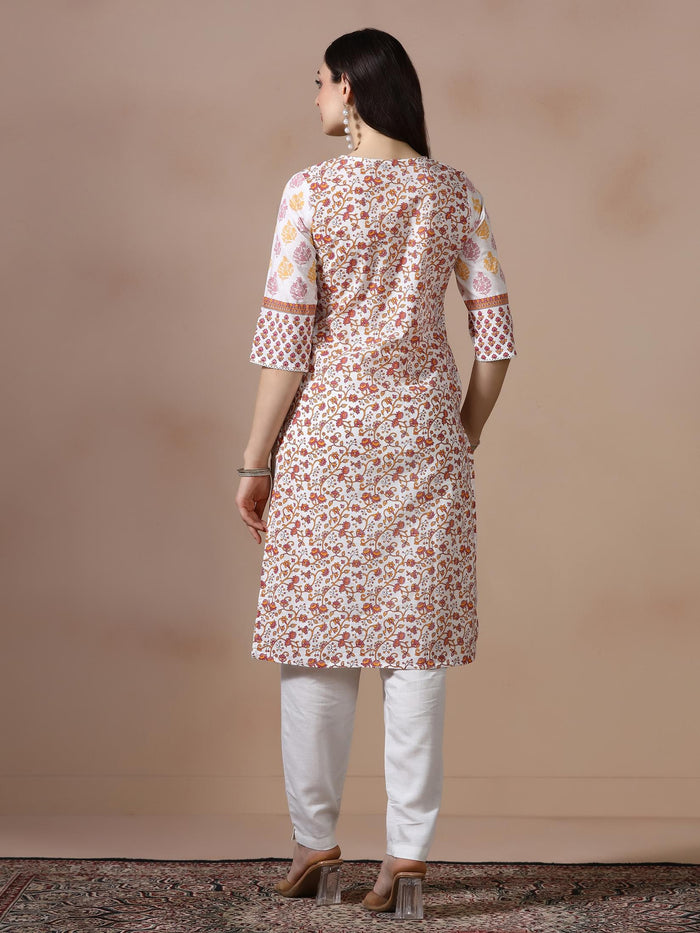 Women Cotton Slub White Pink Printed Kurta.