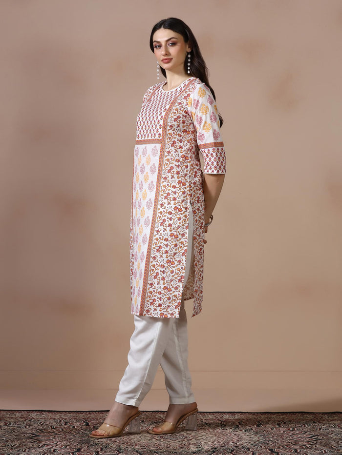 Women Cotton Slub White Pink Printed Kurta.