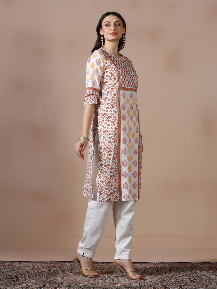 Women Cotton Slub White Pink Printed Kurta.