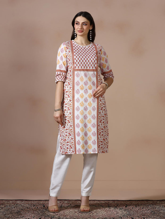Women Cotton Slub White Pink Printed Kurta.