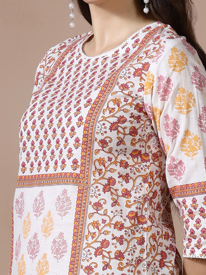 Women Cotton Slub White Pink Printed Kurta.
