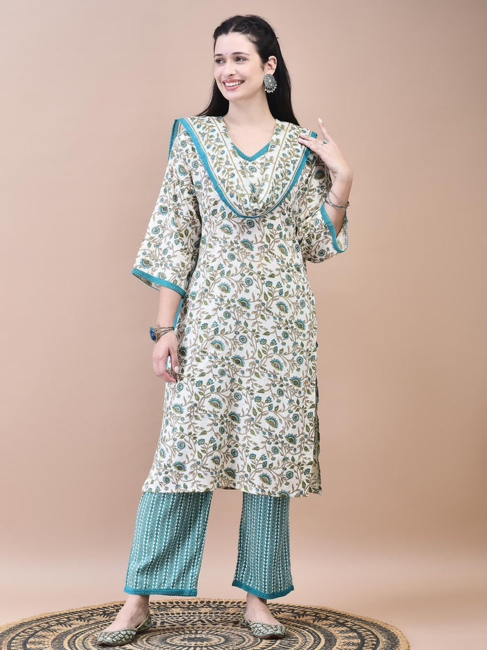 Women Cotton Off-White Teal Floral Print Kurta Comfort Pant Dupatta.