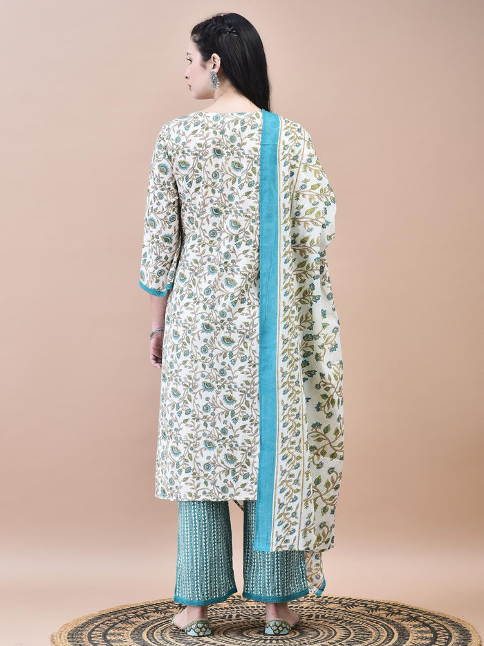 Women Cotton Off-White Teal Floral Print Kurta Comfort Pant Dupatta.