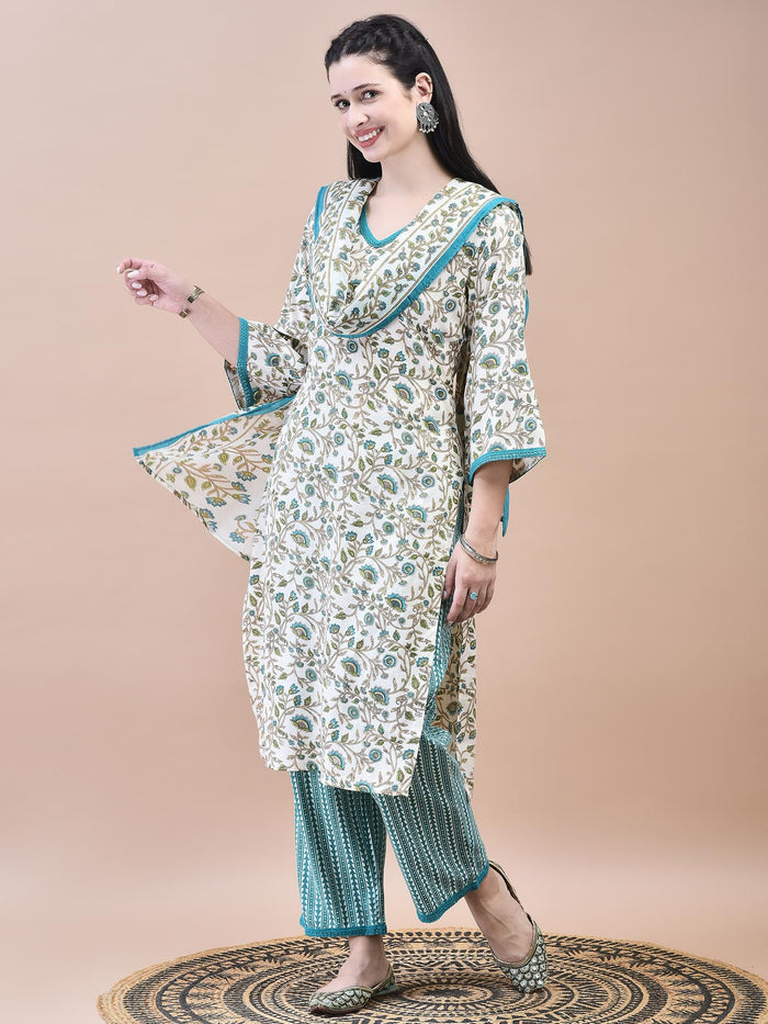 Women Cotton Off-White Teal Floral Print Kurta Comfort Pant Dupatta.