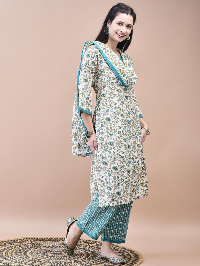 Women Cotton Off-White Teal Floral Print Kurta Comfort Pant Dupatta.