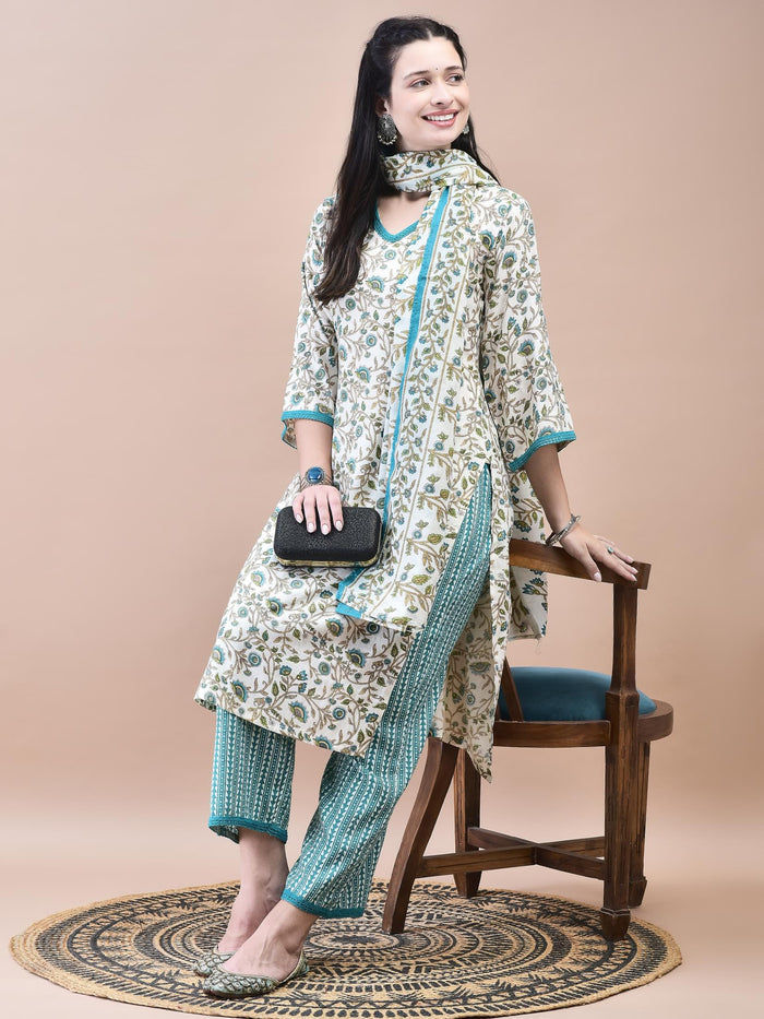 Women Cotton Off-White Teal Floral Print Kurta Comfort Pant Dupatta.